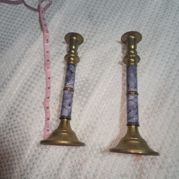 VINTAGE BRASS & FAUX MARBLE 10.5" CANDLESTICK HOLDERS. Set OF 2 - Picture 1 of 6